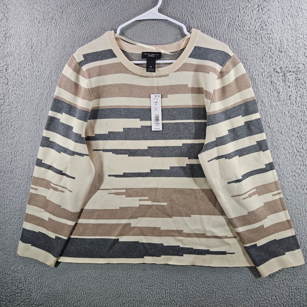 Investments Woman 2X Sweater Broken Stripe Crew Neck Gray Tan NWT NEW